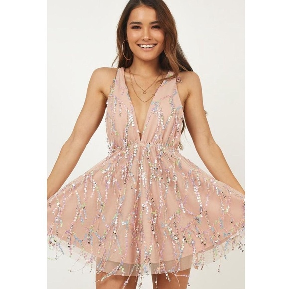 HELLO MOLLY Sequin Embellished Mini Party Dress Sz 4 Blush Pink Tulle Y2K Fairy - Picture 3 of 16